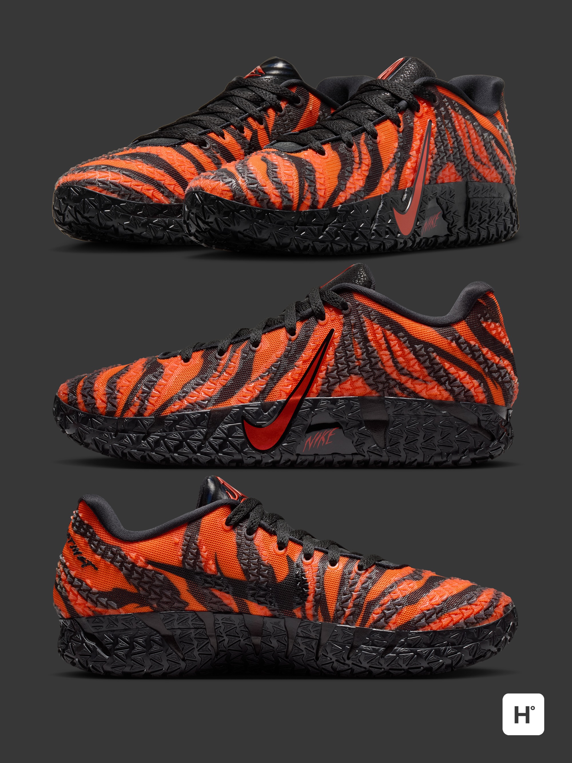 Nike JA 3 Tiger sneakers side views showing all angles of the black and orange design