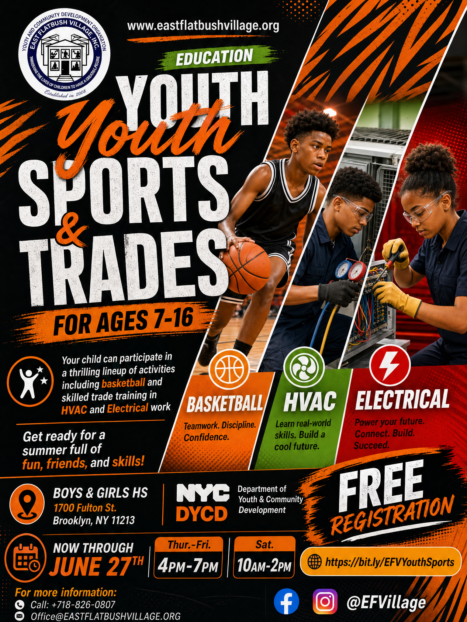 EFV Youth Sports and Trades Education program flyer featuring basketball, HVAC, and electrical careers